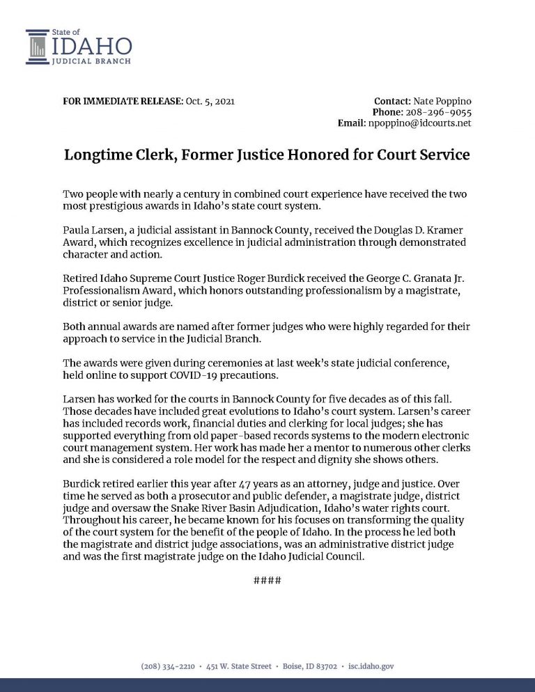 Idaho Supreme Court Press Release: Longtime Clerk Former Justice Idaho Supreme Court Press Release: Longtime Clerk Former Justice