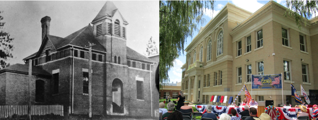 Left: Kootenai County Courthouse, Rathdrum. Circa 1908. Photo Courtesy of Museum of North Idaho, RAT-10-019. Right: Kootenai County Courthouse Centennial Celebration, July 3, 2026. Photo courtesy of Courtney E. Beebe.