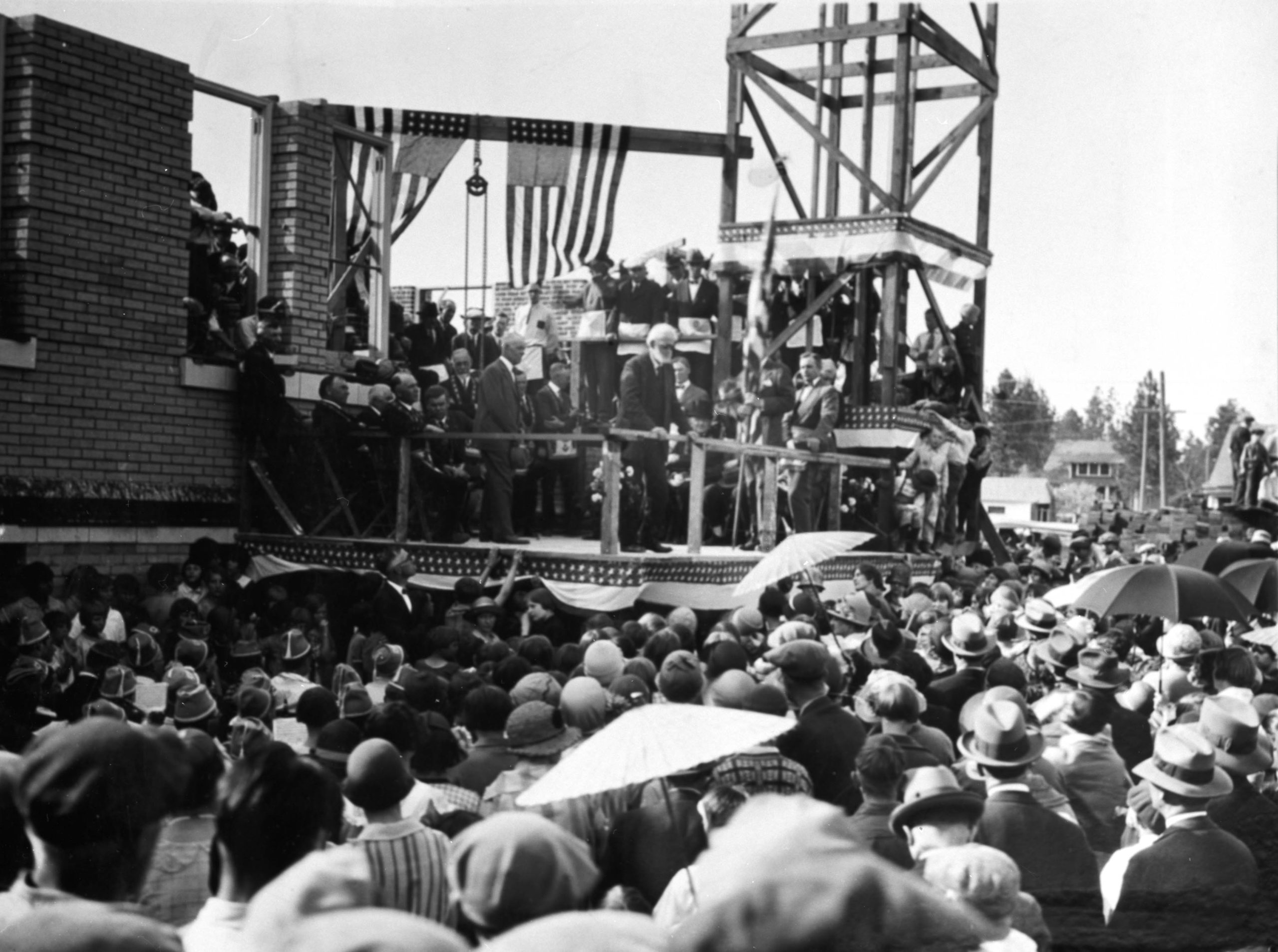 Oscar Canfield laying cornerstone at Kootenai County Courthouse. Dated April 26, 1926.&rdquo; Photo provided by Museum of North Idaho, KC-01-015.