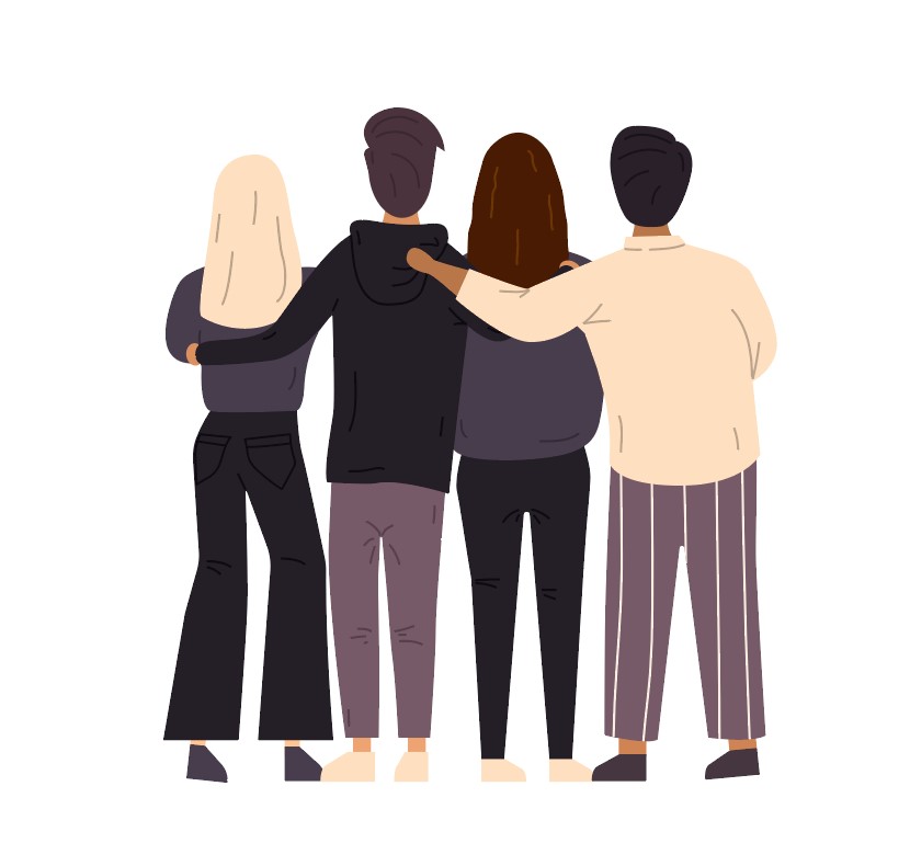 Group of 4 people in professional clothes hugging. Cartoon image.