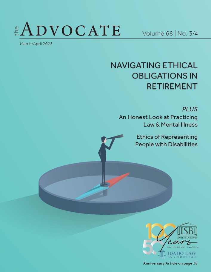 Cover of November-December 2024 issue of The Advocate, This issue’s cover highlights the juxtaposition of old and new. A photo of Boise’s Main Street in 1889 meshes with a current photo of the same street, now part of a booming downtown. In this issue’s Featured Article, Dave Leroy explores the growth of Idaho’s legal infrastructure, from tents, to towers, to kitchen tables. Top photo credit: “Main Street; Falk & Bro, Nye’s Drug Store on left,” 1889, Identifier 2127, Idaho State Archives. Bottom photo credit: Downtown district of Boise, Idaho with fall trees by Knowles Gallery via Adobe Stock. Images edited by The Advocate Editorial Staff.