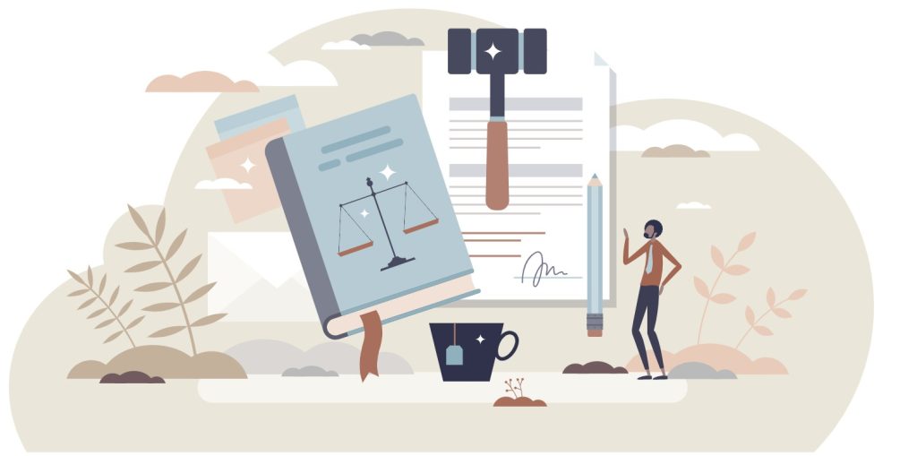 book, gavel, man looking at paper and pencil