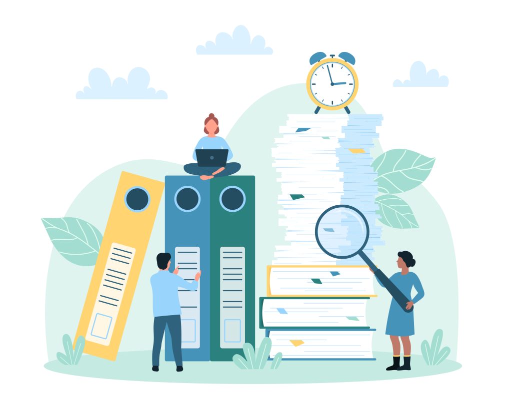 Office bureaucracy, checklist administration, tiny people work among stacks of paperwork