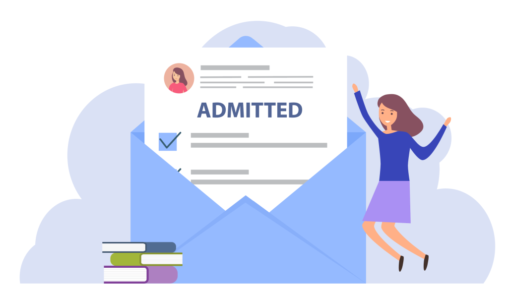 woman jumping up with an envelope that says "admitted"