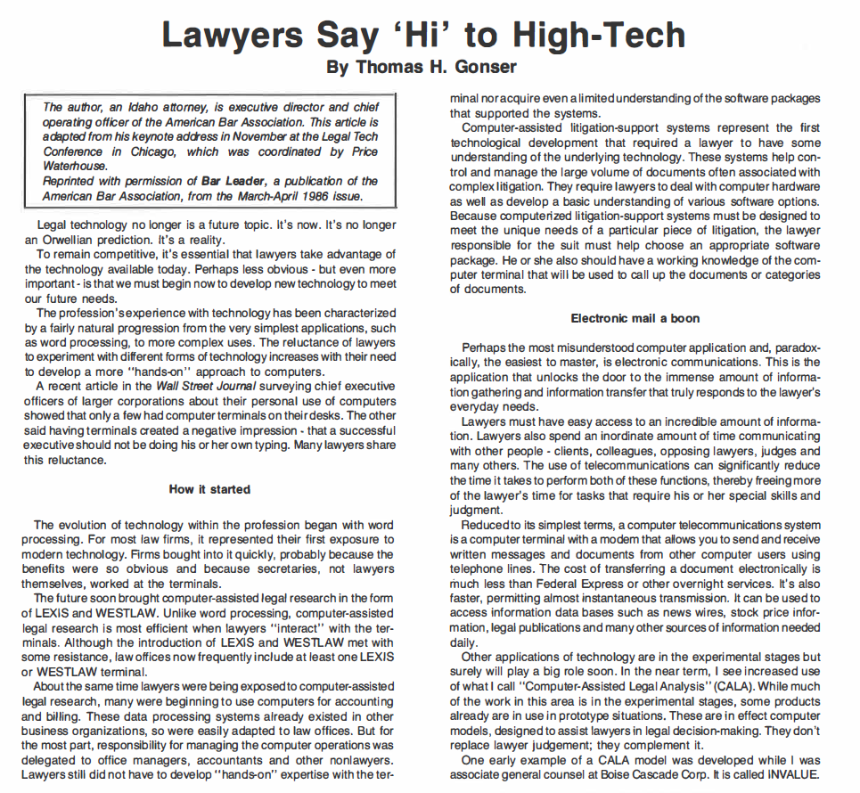 article from advocate titled "lawyers say 'hi' to high-tech