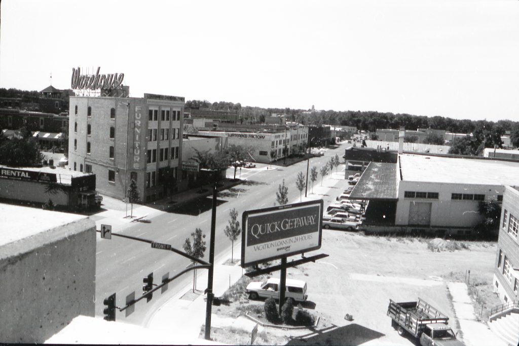 buildings on front street, back and white image