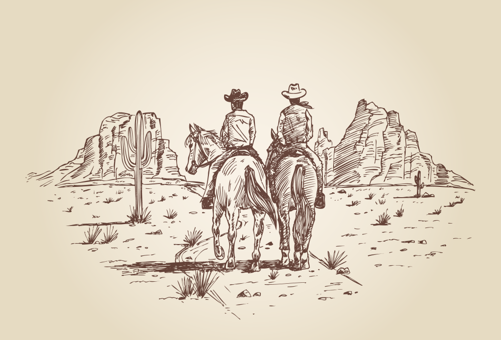 Vintage-style sketch illustration of two riders on horseback in Western attire, seen from behind, overlooking a desert scene with a saguaro cactus and sandstone rock formations in the distance.