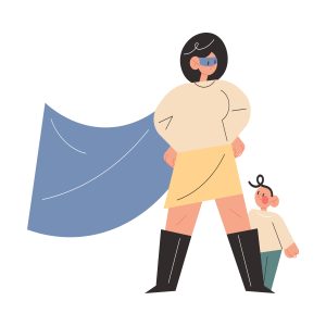 Smiling active young mother in superhero costume standing ready to defend little son over white background vector illustration. Super mom concept