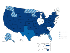 Map of U.S. states, colored by right to counsel.