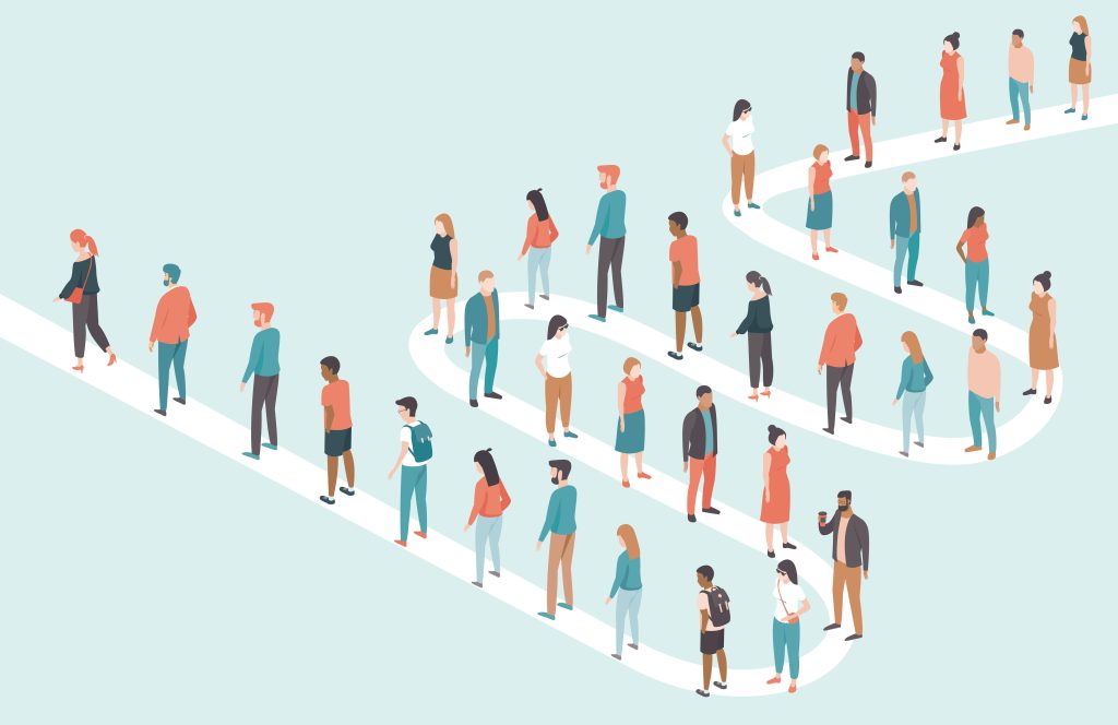 Large multiracial multiethnic group of people standing in long queues.