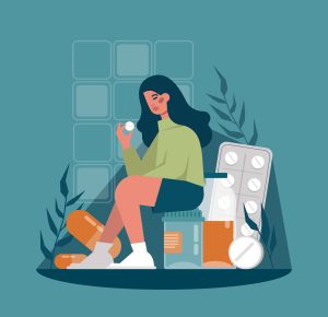 Bad habit concept. Character with unhealthy lifestyle patterns and addictions. Drug addiction, character taking medications. Flat vector illustration