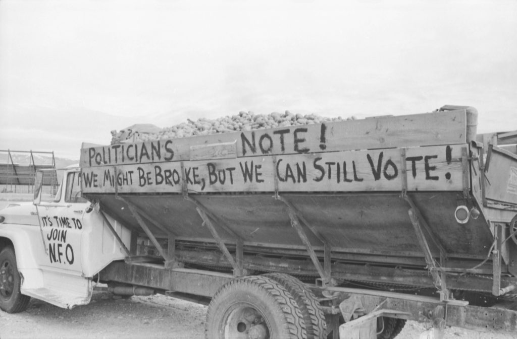 truck with potatoes in it and message 'politicians note, we might be broke but we can still vote its time to join NFO