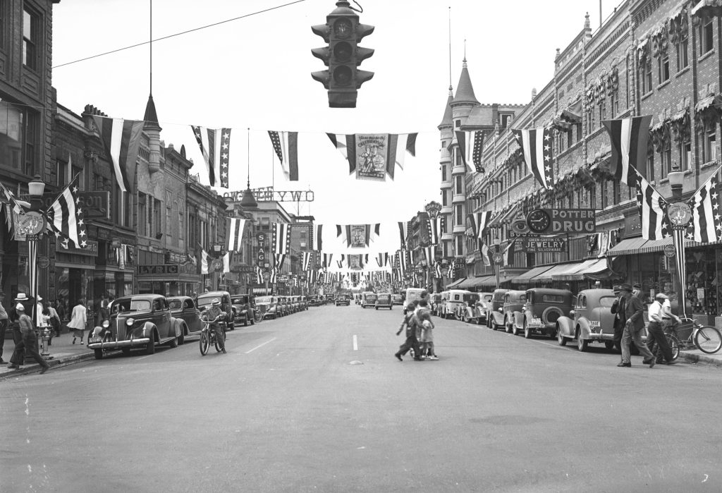 black and white image of boise street in 1940's