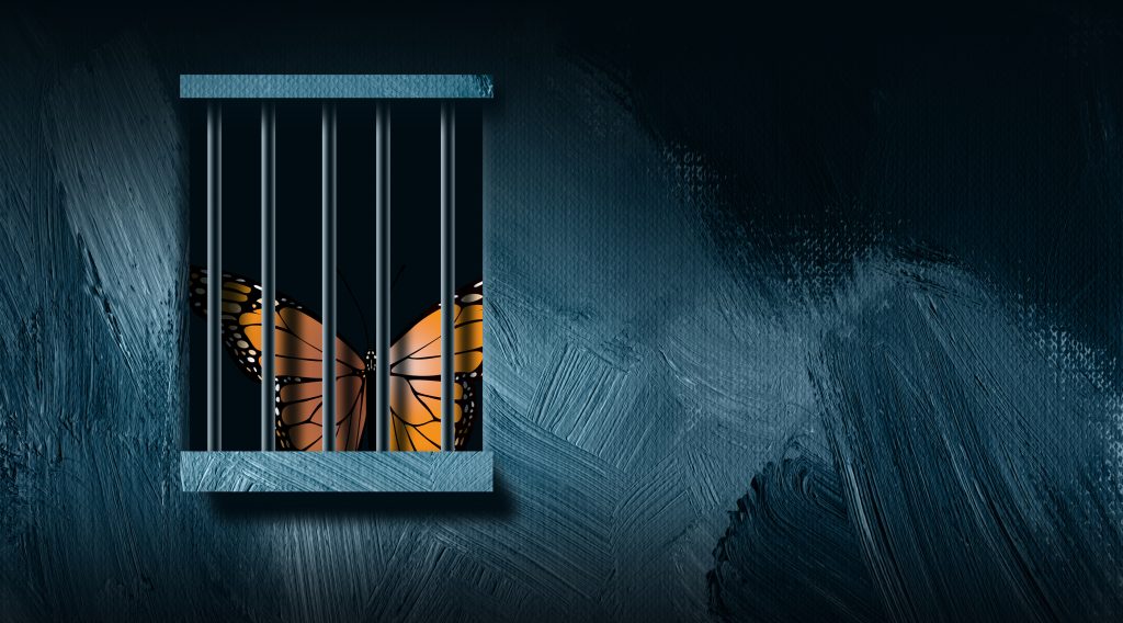 Graphic illustration of iconic butterfly peering out from behind a prison bar window. Art includes paint brush strokes. Simple, dramatic art for variety of concepts including justice, loneliness, and loss of freedom.