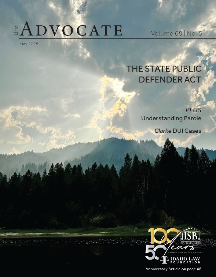 Cover of November-December 2024 issue of The Advocate, This issue’s cover highlights the juxtaposition of old and new. A photo of Boise’s Main Street in 1889 meshes with a current photo of the same street, now part of a booming downtown. In this issue’s Featured Article, Dave Leroy explores the growth of Idaho’s legal infrastructure, from tents, to towers, to kitchen tables. Top photo credit: “Main Street; Falk & Bro, Nye’s Drug Store on left,” 1889, Identifier 2127, Idaho State Archives. Bottom photo credit: Downtown district of Boise, Idaho with fall trees by Knowles Gallery via Adobe Stock. Images edited by The Advocate Editorial Staff.
