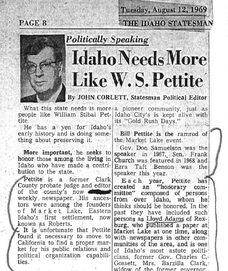 Newspaper article with headline "Idaho Needs More like W.S. Pettite"