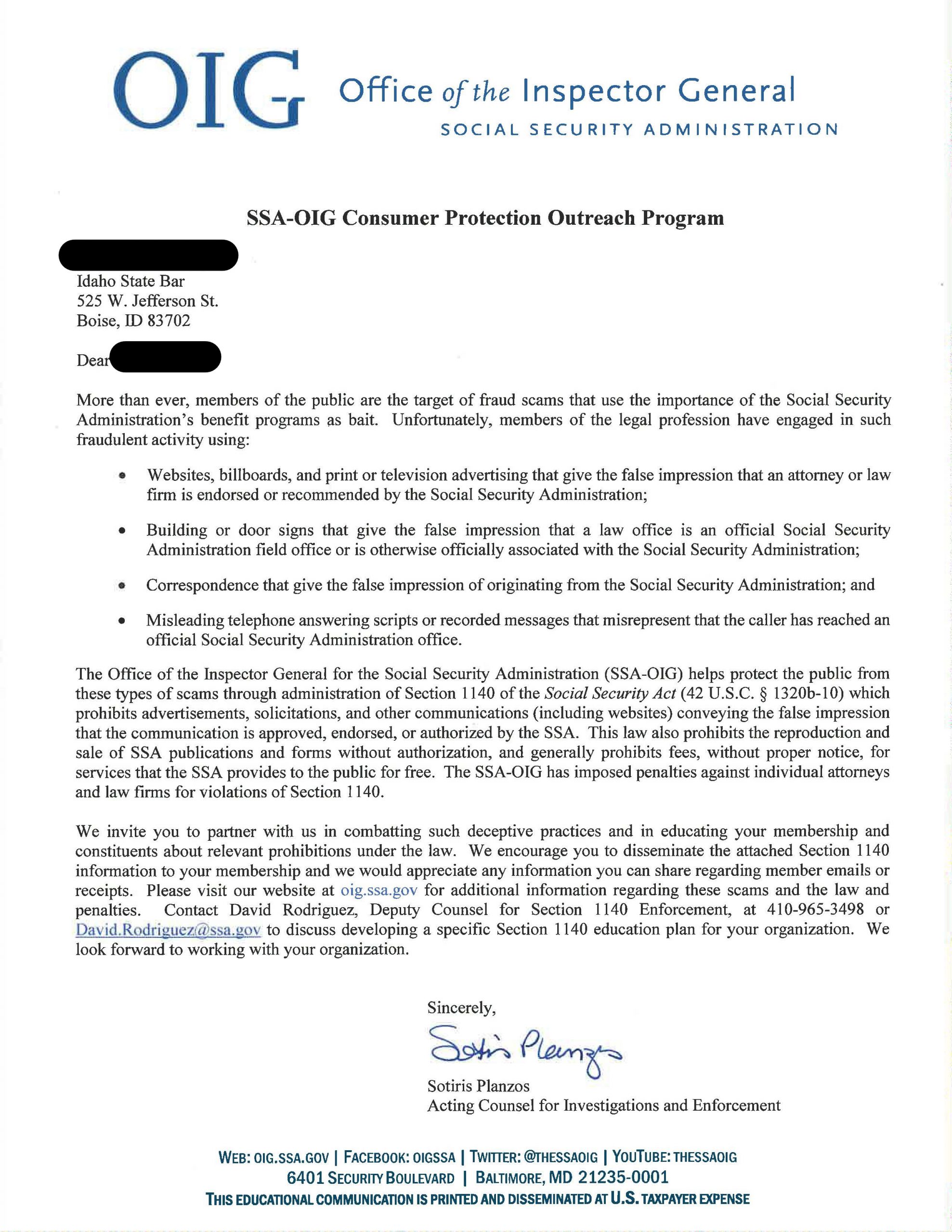 Notice from the Office of the Inspector General, Social Security ...