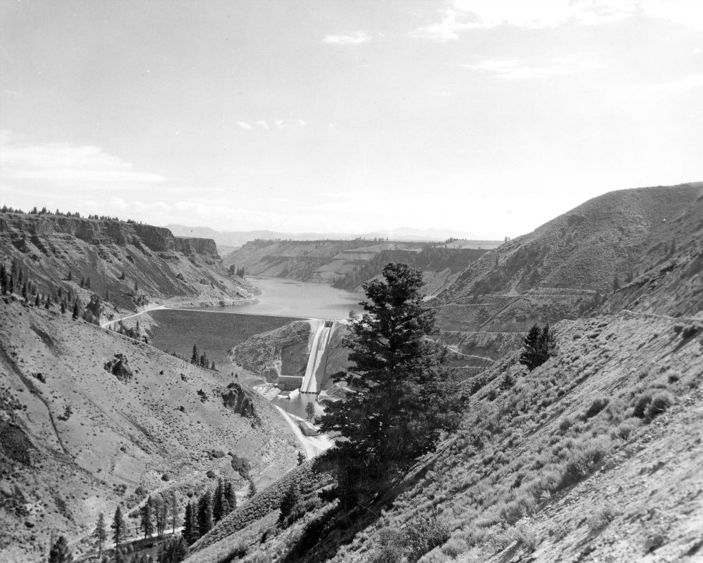 black and white image of the mostly-done construction of Anderson Dam