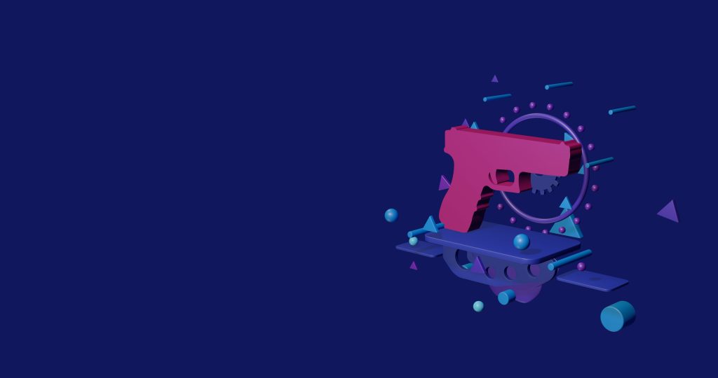 Pink gun symbol on a pedestal of abstract geometric shapes floating in the air.