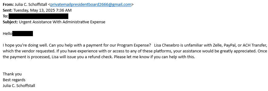 Screenshot of a sample scam email