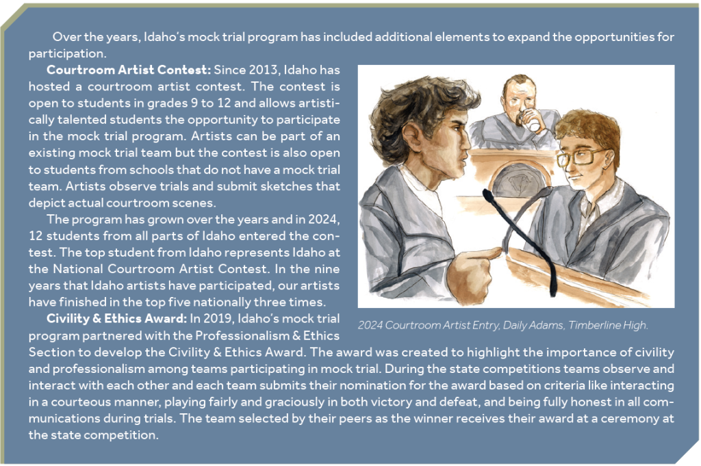 Over the years, Idaho’s mock trial program has included additional elements to expand the opportunities for participation. Courtroom Artist Contest: Since 2013, Idaho has hosted a courtroom artist contest. The contest is open to students in grades 9 to 12 and allows artistically talented students the opportunity to participate in the mock trial program. Artists can be part of an existing mock trial team but the contest is also open to students from schools that do not have a mock trial team. Artists observe trials and submit sketches that depict actual courtroom scenes. The program has grown over the years and in 2024, 12 students from all parts of Idaho entered the contest. The top student from Idaho represents Idaho at the National Courtroom Artist Contest. In the nine years that Idaho artists have participated, our artists have finished in the top five nationally three times. Civility & Ethics Award: In 2019, Idaho’s mock trial program partnered with the Professionalism & Ethics Section to develop the Civility & Ethics Award. The award was created to highlight the importance of civility and professionalism among teams participating in mock trial. During the state competitions teams observe and interact with each other and each team submits their nomination for the award based on criteria like interacting in a courteous manner, playing fairly and graciously in both victory and defeat, and being fully honest in all communications during trials. The team selected by their peers as the winner receives their award at a ceremony at the state competition.