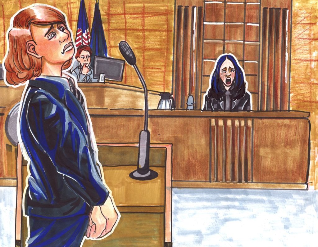 art of mock trial courtroom, woman crying