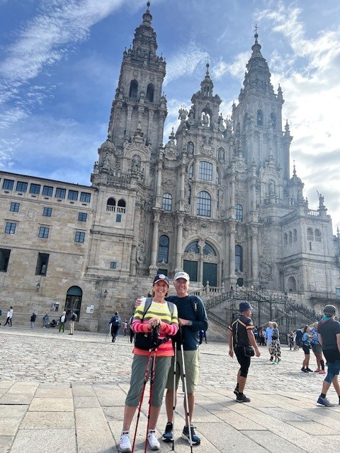 Thomas and Donna in front of the Cathedral of Santiago de Compostela in Spain.