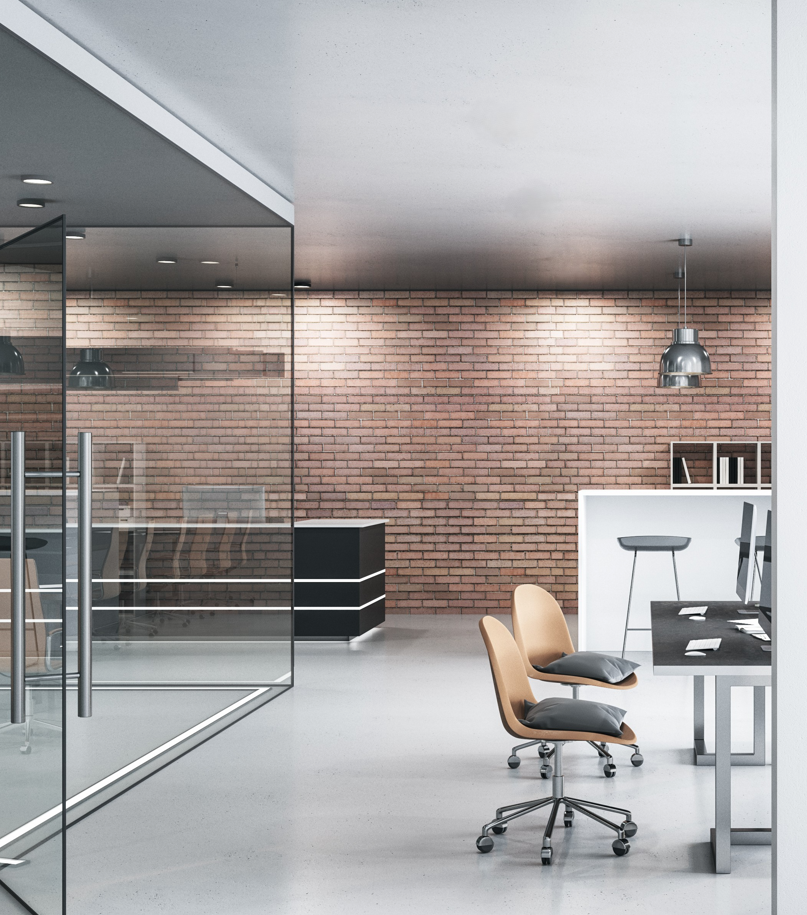 Comfortable office lobby interior with blank white wall.